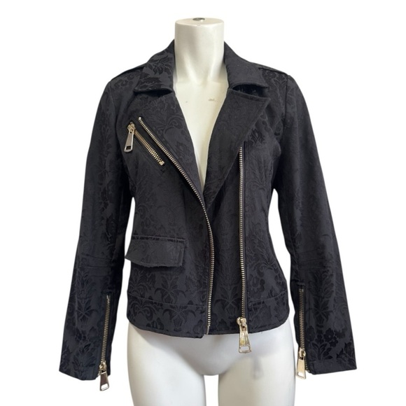 MIDNIGHT VELVET Black Jacquard Moto Jacket | Gothic Luxe Biker Chic - Medium - Picture 4 of 17